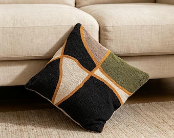 Funda de almohada geométrica moderna con capitoné, funda de cojín nórdica abstracta, cojín decorativo negro, verde y crema, decoración minimalista bohemia para el hogar.