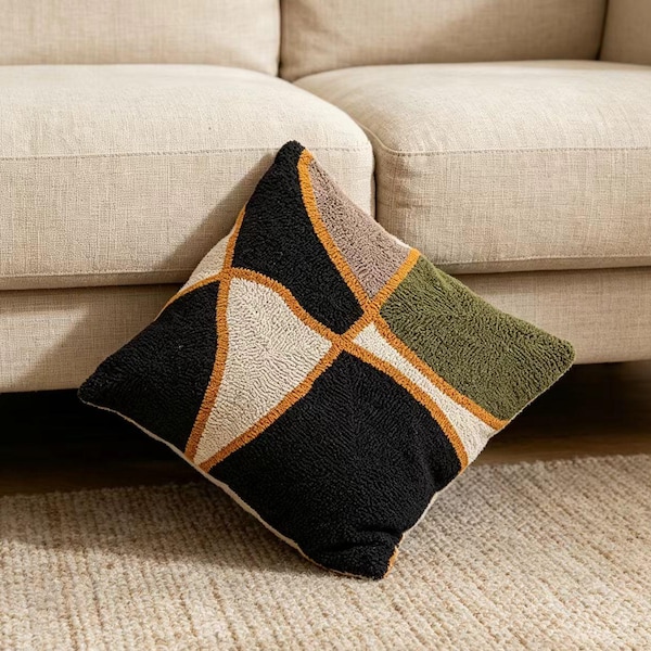 Modern Geometric Tufted Pillow Cover, Nordic Abstract Cushion Cover, Black Green Cream Throw Pillow, Minimalist Boho Home Decor