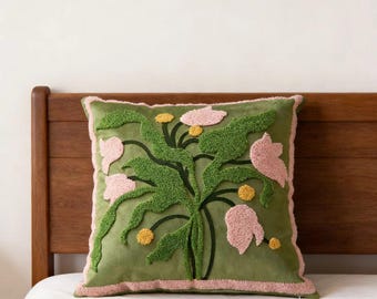 Funda de almohada floral bordada, funda de cojín de franela, funda de almohada decorativa botánica, almohada decorativa de textura suave
