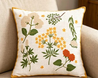 Funda de almohada bordada con flores silvestres / Funda de cojín floral botánica / Decoración campestre francesa / Funda de almohada de algodón y lino