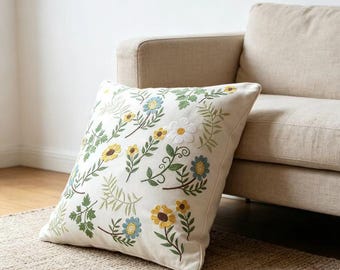 Funda de almohada botánica bordada, funda de cojín floral de algodón, cojín decorativo con flores silvestres, decoración rústica de estilo campestre.