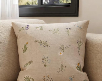 Funda de almohada botánica de lino francés – Estampado floral a doble cara, diseño de hierbas y margaritas en color crema beige, elemento decorativo para el hogar (sin relleno)