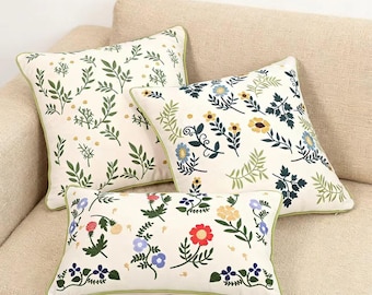 Juego de fundas de almohada de lino y algodón bordadas / Estampados florales y de hojas / 30 x 50 cm / 45 x 45 cm / Funda de almohada decorativa / Sin relleno