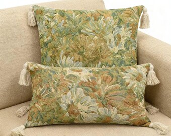 Funda de almohada verde vintage con estampado floral y borlas – Funda de cojín decorativa de algodón y lino, estampado térmico en una sola cara, decoración rústica bohemia (sin relleno)