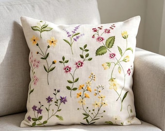 Funda de almohada vintage bordada con flores silvestres, funda de cojín de mezcla de lino, cojín decorativo floral de estilo cottagecore, decoración rústica de granja.