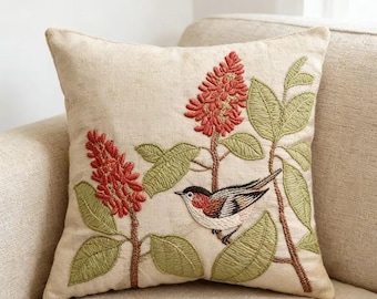 Vintage Butterfly Embroidered Pillow Cover 18x18 Cotton Linen Floral Cushion Cover Cottage Garden Throw Pillow Farmhouse Decor