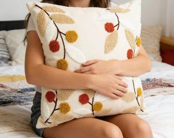 Funda de almohada de algodón y lino bordada de 45x45 cm (18x18 pulgadas), funda de cojín decorativa botánica, funda de cojín estilo rústico, decoración minimalista de hojas.