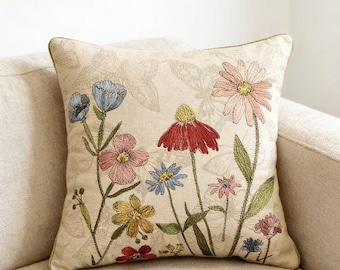 Vintage Botanical Embroidered Pillow Cover 18x18 Cotton Linen Floral Cushion Cover Cottage Garden Throw Pillow Farmhouse Decor