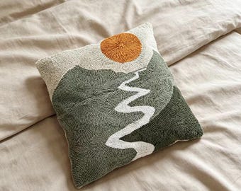 Tufted Mountain Landscape Pillow Cover, Nature Inspired Cushion Cover, Sun and Hills Throw Pillow,  Scenic Embroidered Pillow Case 18x18