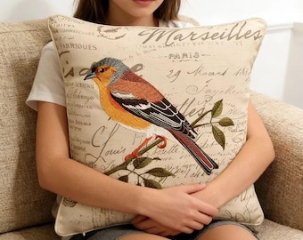 Funda de almohada vintage bordada con animales, de lino y algodón, de 45 x 45 cm, con diseño de pájaro y tortuga, decorativa, para decoración del hogar estilo granja.