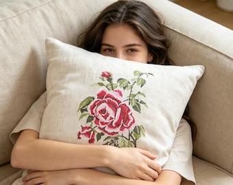 Funda de almohada vintage bordada con rosas, funda de cojín floral de mezcla de lino, cojín decorativo estilo jardín rústico, decoración botánica para el hogar.