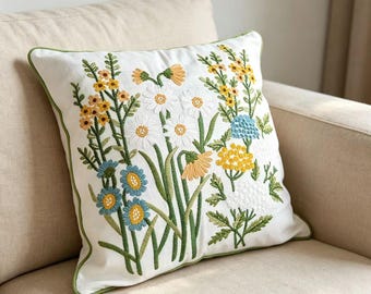 Funda de almohada personalizada bordada con flores silvestres, funda de cojín de lino y algodón, cojín decorativo con nombre personalizado, decoración estilo granja rústica