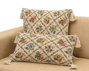 Funda de almohada de lino y algodón con estampado floral / Diseño estampado a una cara + Ribete de borlas / Decoración bohemia para el hogar / Funda de cojín para sofá / No incluye relleno