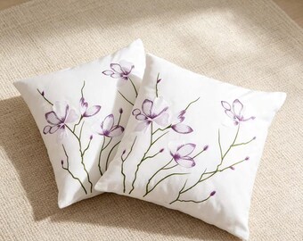 Funda de almohada bordada con magnolia para meditación, funda de cojín floral natural, cojín decorativo botánico minimalista, bordado a una sola cara.