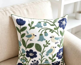 Funda de almohada de lona de algodón bordada a mano, diseño floral y de pájaros inspirado en la naturaleza, 45 x 45 cm, decoración bohemia para el hogar.