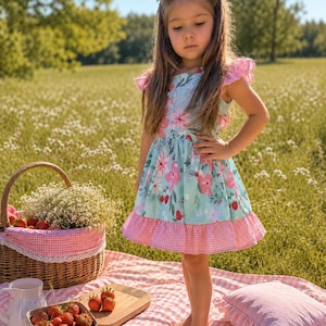 Könnte beinhalten: Ein junges Mädchen in einem Kleid mit Blumenmuster und rosa Akzenten steht auf einer Picknickdecke. Das Kleid hat einen hellblauen Hintergrund mit rosa Blumen und einer rosa Vichy-Rüsche. Ein Korb mit Erdbeeren und Blumen befindet sich in der Nähe.