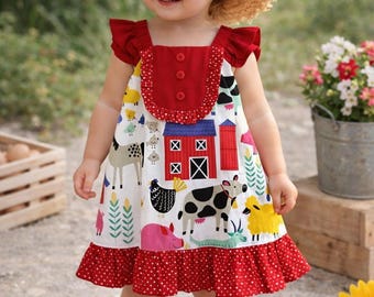 Girls Farm Animals Dress | Red Ruffle Cotton