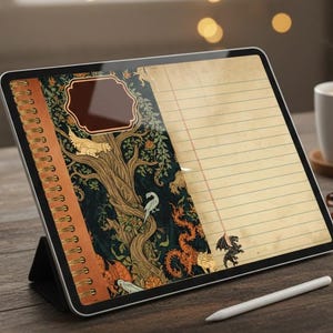 May include: A digital tablet displaying a notebook with a fantasy-themed cover. The cover features a tree, dragons, and birds in shades of green, orange, and brown. The notebook is open to lined paper. A white stylus rests on the wooden surface.