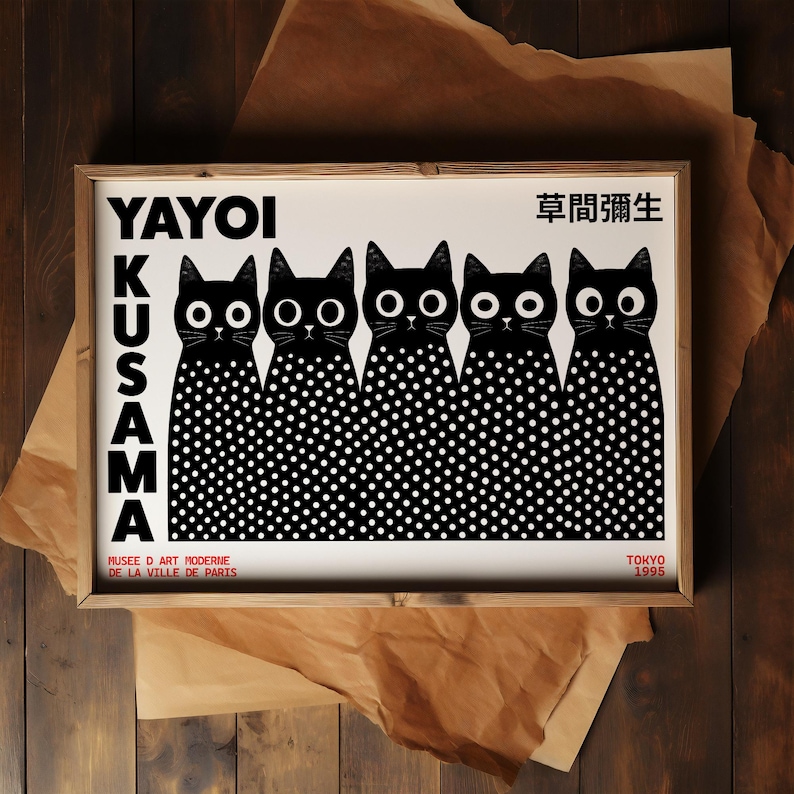 Yayoi Kusama Poster - Black Cats Wall Art, Kusama Inspired Polka Dot Print - Japanese Wall Art - Black & White Gallery Wall Decor image 3