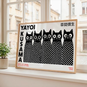 May include: A framed rectangular art print featuring five black cats with white polka-dot bodies and large white eyes. The text YAYOI KUSAMA and Japanese characters are printed in black. The bottom includes MUSEE D ART MODERNE DE LA VILLE DE PARIS and TOKYO 1995.