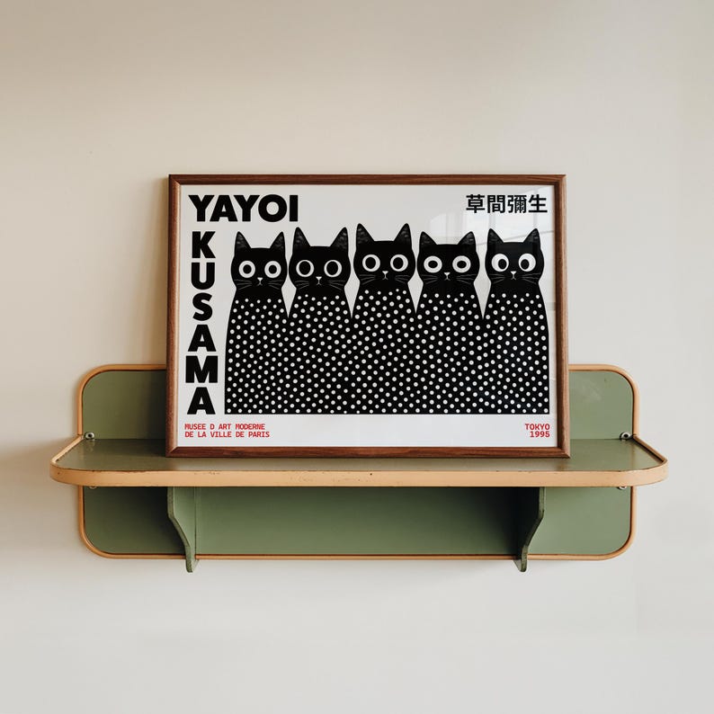 Yayoi Kusama Poster - Black Cats Wall Art, Kusama Inspired Polka Dot Print - Japanese Wall Art - Black & White Gallery Wall Decor image 1