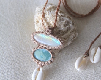 Collar de macramé de larimar con piedra lunar