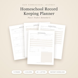 以下が含まれることがあります： 「Our Homeschool Journey」「Plan it, Track it, Remember it」と書かれたホームスクール記録プランナー。Year at a Glance、Monthly Plan、Attendance Tracker、Daily Learning Logのページが含まれています。14ページ、4色、A4およびレターサイズ。