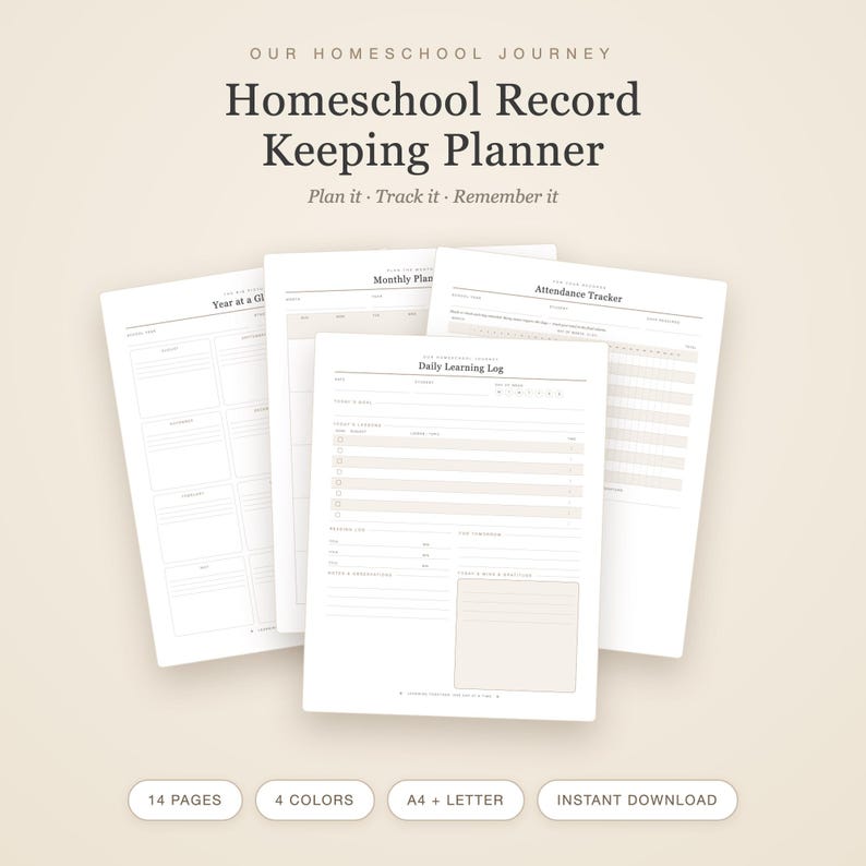 以下が含まれることがあります： 「Our Homeschool Journey」「Plan it, Track it, Remember it」と書かれたホームスクール記録プランナー。Year at a Glance、Monthly Plan、Attendance Tracker、Daily Learning Logのページが含まれています。14ページ、4色、A4およびレターサイズ。