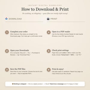 以下が含まれることがあります： ベージュの背景に「How to Download & Print」と書かれた説明用グラフィック。注文の完了、ダウンロードの開始、PDFファイルの保存、PDFリーダーの使用、印刷設定の確認、印刷というデジタルファイルに関する6つの手順が記載されています。