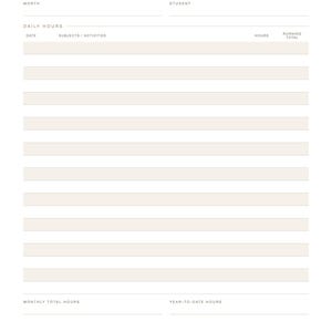 以下が含まれることがあります： 黒いテキストが記載された白いInstruction Hours Logフォーム。ヘッダーにはFOR YOUR RECORDSとInstruction Hours Logと書かれています。月、生徒の記入欄、日付、科目/活動、時間、合計時間の表が含まれています。フッターにはLEARNING TOGETHER, ONE DAY AT A TIMEと書かれています。