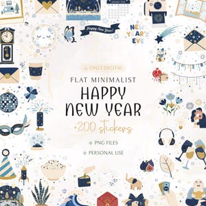 200+ Happy New Year Digital Stickers | Cute Celebration, Fresh Start, Productivity Illustrations Pack for iPad, GoodNotes, Notability & More