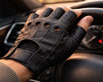 Guanti da guida senza dita in pelle nera per uomo e donna / Guanti da guida per auto / Guanti da motociclista / Guanti in pelle vintage