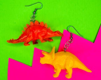 Mismatched Dinosaur Earrings: Stegosaurus, Triceratops Set