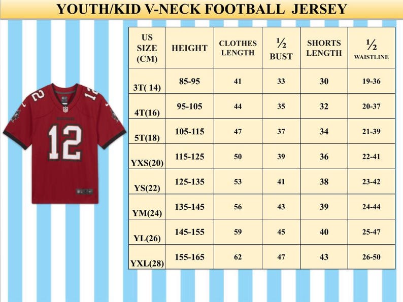 May include: A burgundy youth football jersey with the number 12 in white. The jersey is displayed next to a size chart with measurements in centimeters, including height, clothes length, bust, shorts length, and waistline.