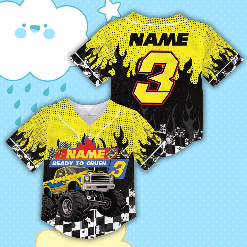 May include: Yellow and black baseball jersey with a monster truck graphic. The jersey features the number 3 in yellow and black, with the word "NAME" above it. The phrase "READY TO CRUSH" is also visible.