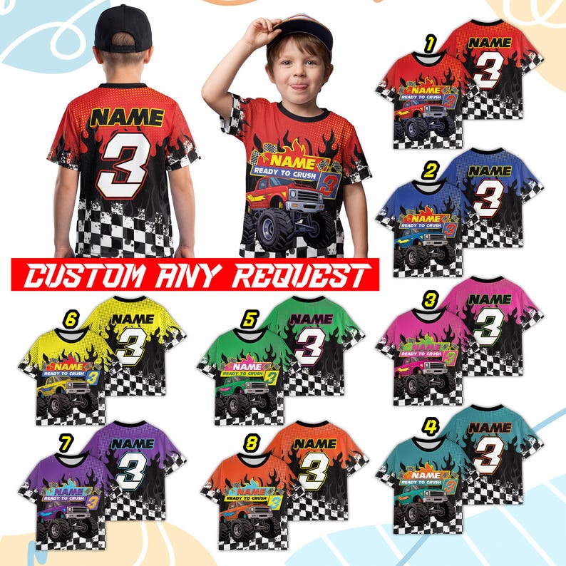 Peut inclure: Collection de t-shirts pour enfants avec des motifs de monster trucks. Chaque t-shirt affiche le num&eacute;ro 3 et le mot "NAME" au dos. Les chemises sont disponibles en plusieurs couleurs, dont le rouge, le bleu, le vert, le rose, le turquoise, le jaune, le violet et l'orange. Le texte "READY TO CRUSH" est &eacute;galement visible.