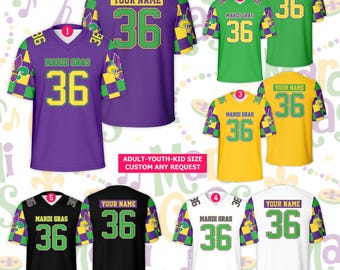 Camisa de futebol personalizada com nome para o Mardi Gras, infantil ou adulto. Camisa de futebol personalizada com flor-de-lis para a Terça-feira Gorda, ideal para fãs do festival.