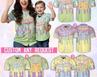 Personalized Name Number Happy Easter Baseball Jersey, Custom Dripping Color Bunny Easter Jersey, Family Easter Matching Shirt, Easter Gift