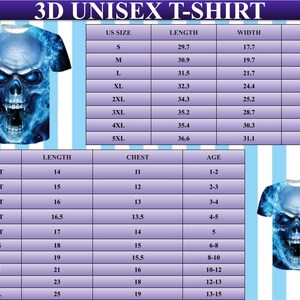 Peut inclure: T-shirt unisexe 3D avec un motif de cr&acirc;ne bleu et de flammes. Le t-shirt a un col rond et des manches courtes. Un tableau des tailles avec des mesures en cm est inclus. Disponible en tailles S &agrave; 5XL. Le texte "3D UNISEX T-SHIRT" est en haut.