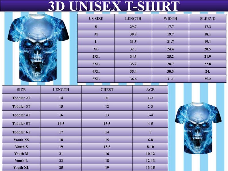 Peut inclure: T-shirt unisexe 3D avec un motif de cr&acirc;ne bleu et de flammes. Le t-shirt a un col rond et des manches courtes. Un tableau des tailles avec des mesures en cm est inclus. Disponible en tailles S &agrave; 5XL. Le texte "3D UNISEX T-SHIRT" est en haut.