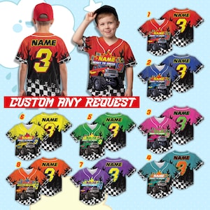 May include: A variety of personalized baseball jerseys with a monster truck theme. The jerseys are available in multiple colors, featuring the number 3 and the text "NAME" and "READY TO CRUSH". The image also includes the text "CUSTOM ANY REQUEST".