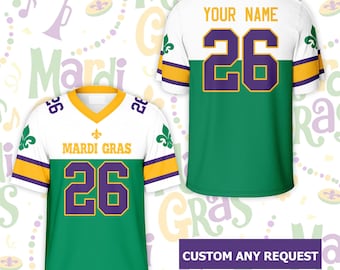 Camisa de futebol personalizada com nome para o Mardi Gras, infantil ou adulto. Camisa de futebol personalizada com flor-de-lis para a Terça-feira Gorda, ideal para fãs do festival.