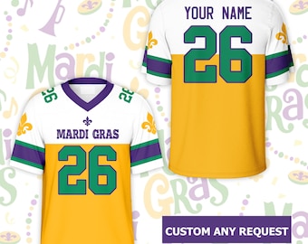 Camisa de futebol personalizada com nome para o Mardi Gras, infantil ou adulto. Camisa de futebol personalizada com flor-de-lis para a Terça-feira Gorda, ideal para fãs do festival.