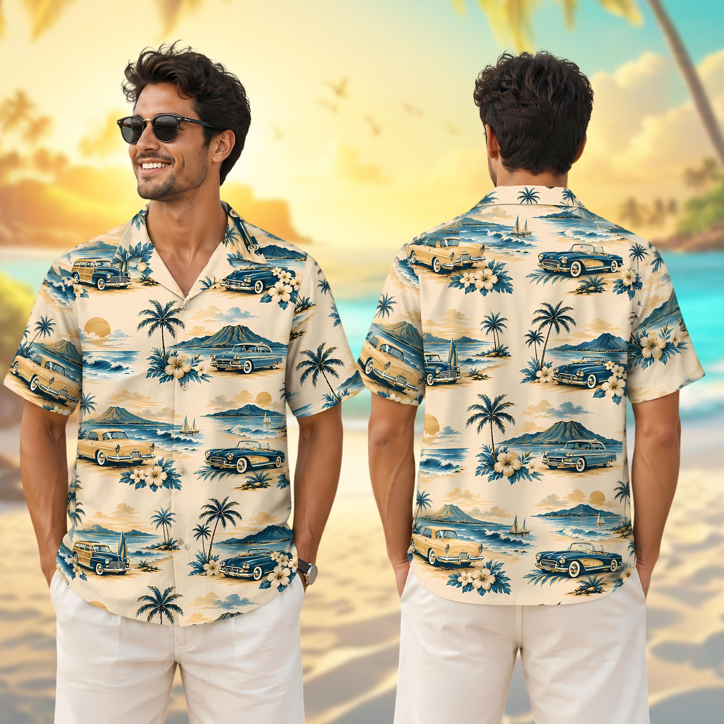 Vintage Car Hawaiian Shirt, Retro Island Aloha Shirt with Classic Cars Palm Trees Ocean Waves Mountain Sunset for Beach Vacation Summer Gift