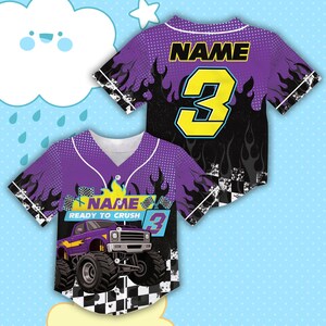 May include: Purple baseball jersey with a monster truck graphic. The jersey features the text "NAME" and the number "3" in yellow. The design includes flames and a checkered flag pattern.