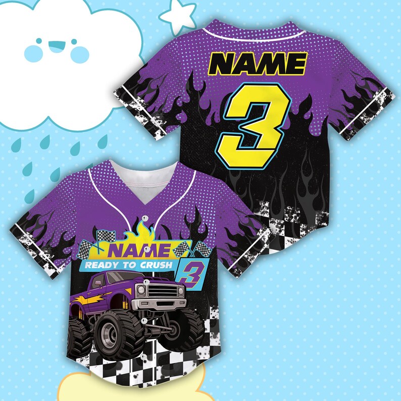 May include: Purple baseball jersey with a monster truck graphic. The jersey features the text "NAME" and the number "3" in yellow. The design includes flames and a checkered flag pattern.