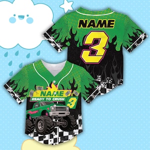 May include: Green and black baseball jersey with a monster truck graphic. The jersey features the number 3 in yellow, the word "NAME" in black, and the phrase "READY TO CRUSH". The design includes flames and a checkered flag.