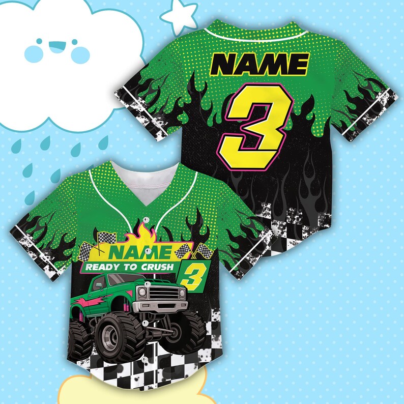 May include: Green and black baseball jersey with a monster truck graphic. The jersey features the number 3 in yellow, the word "NAME" in black, and the phrase "READY TO CRUSH". The design includes flames and a checkered flag.