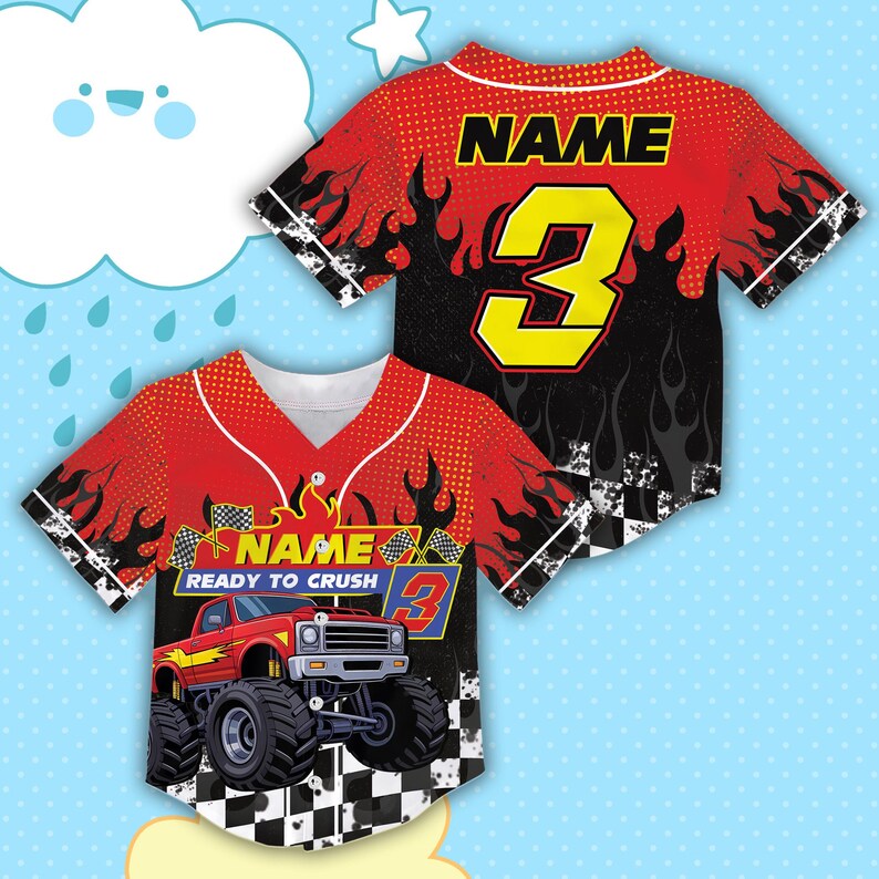 May include: Red and black baseball jersey with a monster truck graphic. The jersey features the word "NAME" and the number "3" in yellow. The phrase "READY TO CRUSH" is also visible.
