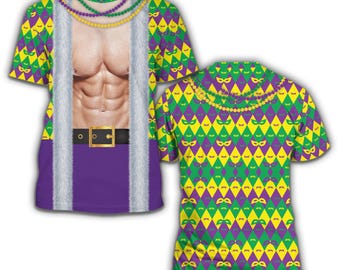 Muscles & Bra Costume de Mardi Gras sur toute la chemise imprimée, chemise mardi gras perles mardi gras, chemise drôle de la Nouvelle-Orléans, cadeau bâillon pour couple assorti